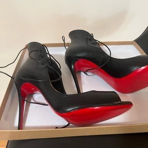 Christian Louboutin MegaVamp Stilettos Size 36.5 Lace Up Black Leather Heels